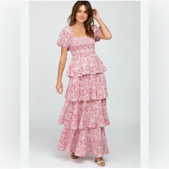 entro Dresses & Skirts - Pink Floral Tiered Maxi Dress with Smocked Bodice and Puff Sleeves
